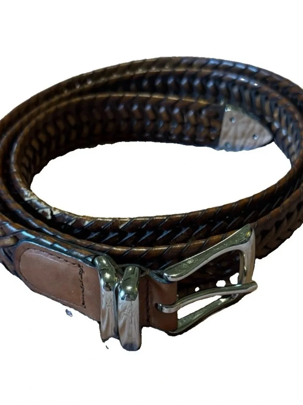 Perry Ellis Brown Braided Men 40 Belt Silver Chrome Tone Buckle